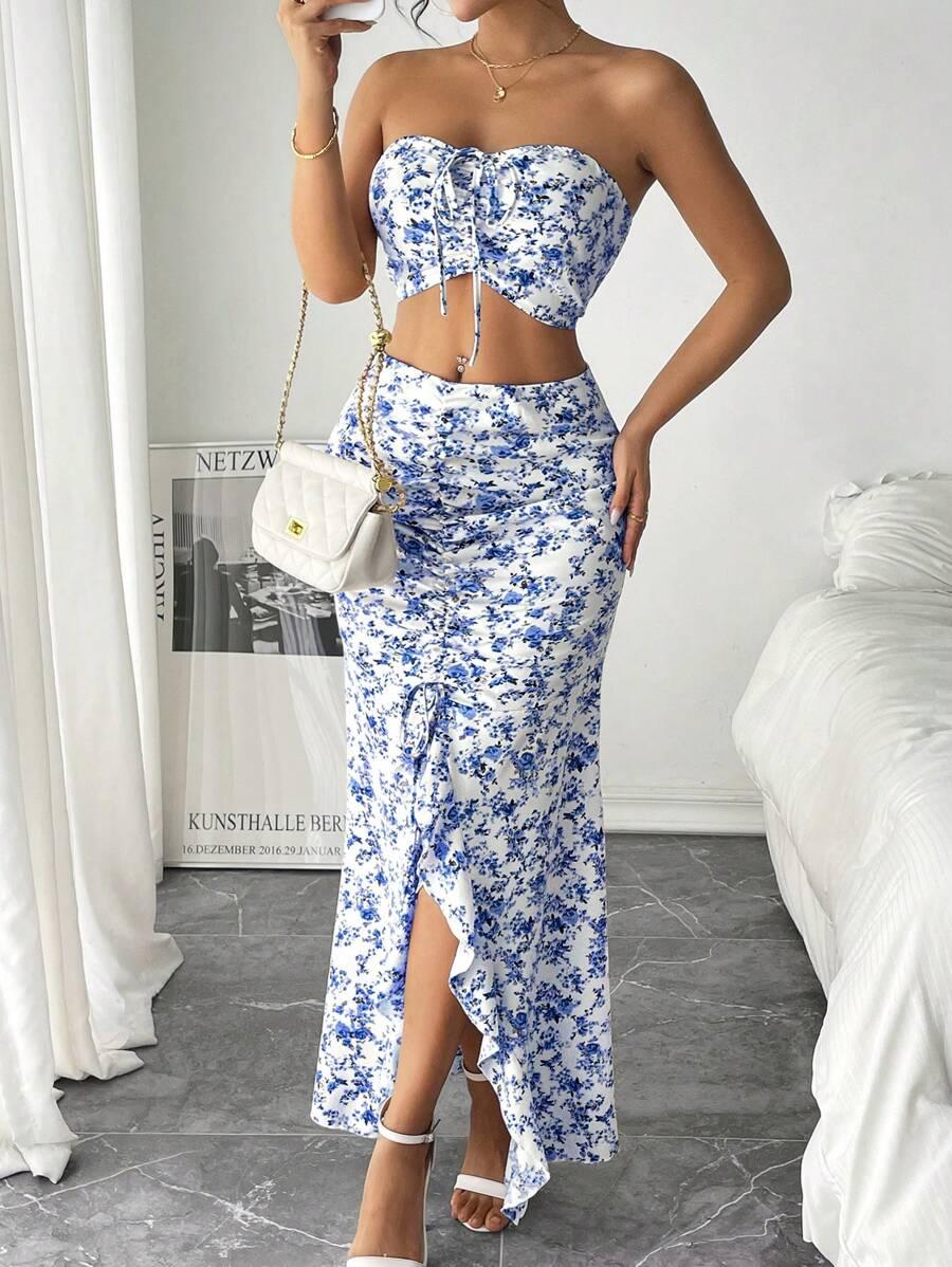 SHEIN KOMPLET TOP SPÓDNICA KWIATY S06__M