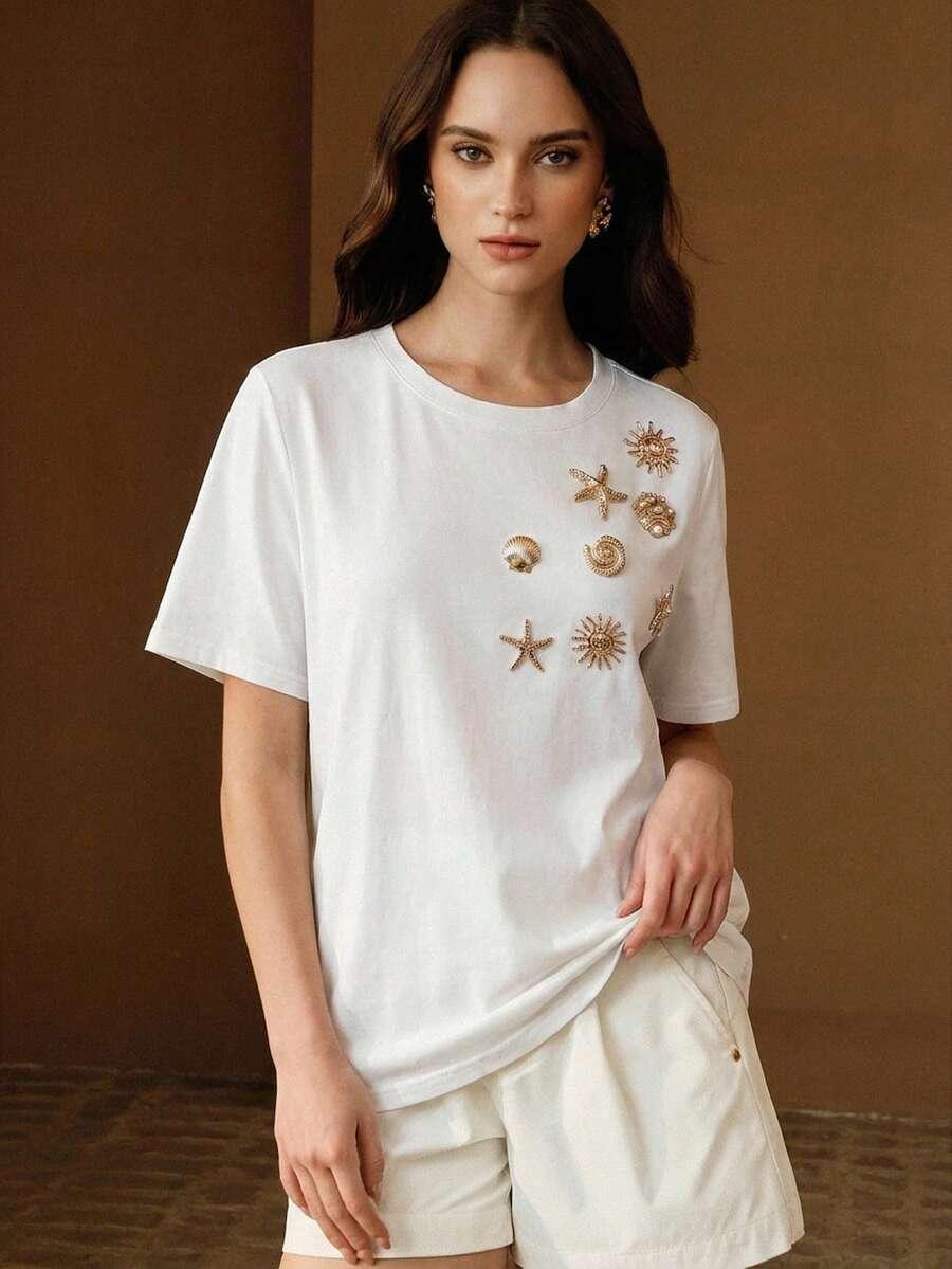 ANEWSTA BIAŁY T-SHIRT ZDOBIENIE S09__M