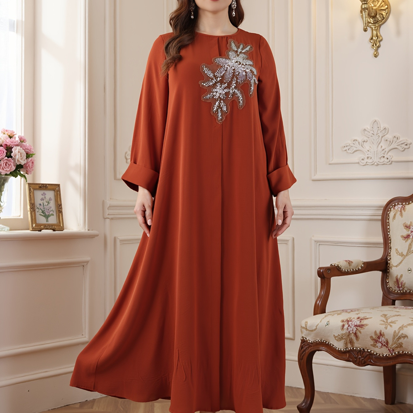 SHEIN POMARAŃCZOWA MAXI SUKIENKA ZDOBIENIE PK01__50