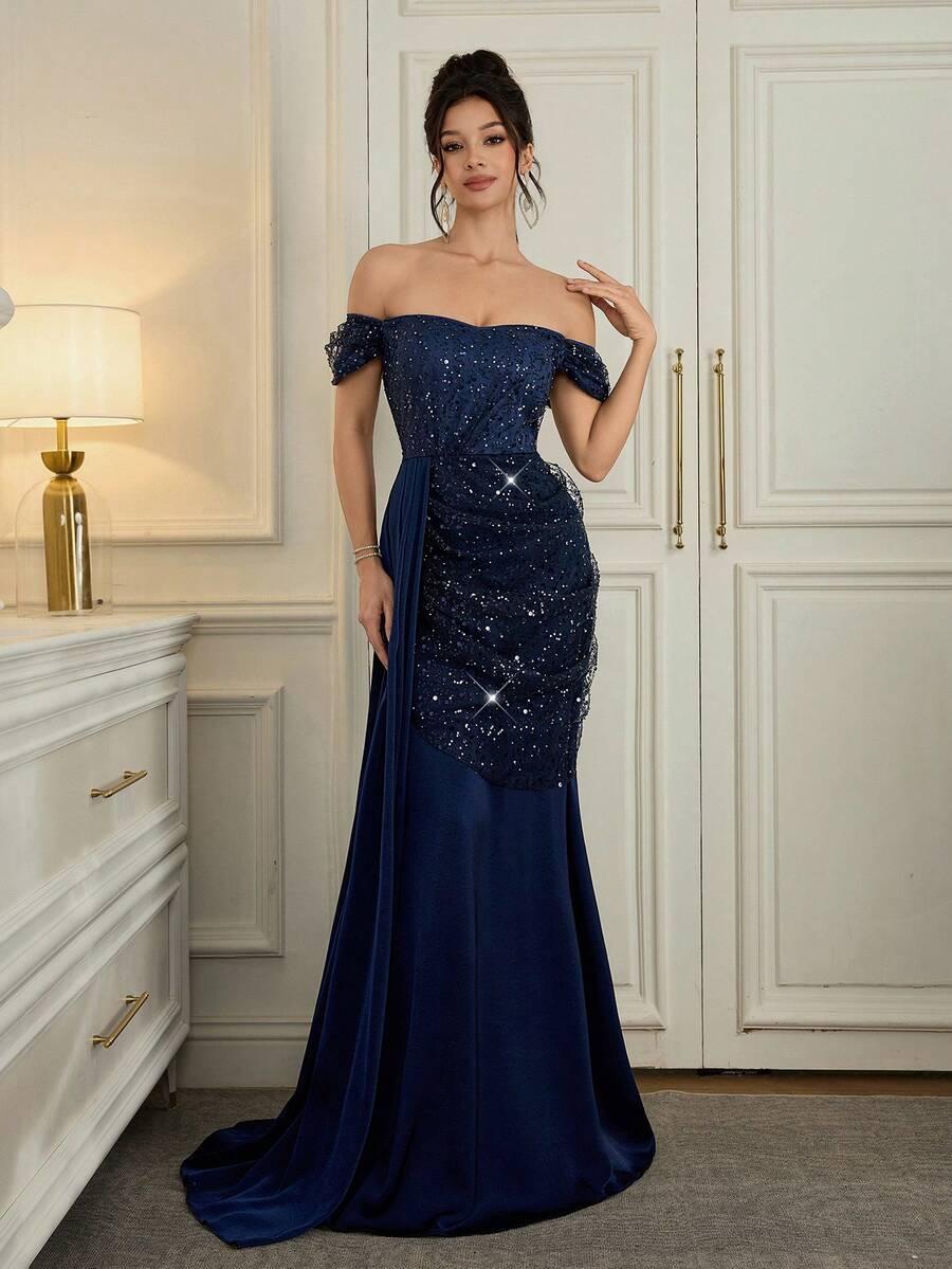 POSHIRA NIEBIESKA MAXI SUKIENKA CEKINY S06__L