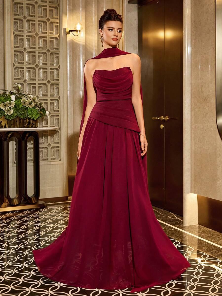 SHEIN BORDOWA MAXI SUKIENKA ODKRYTE RAMIONA SZAL S06__S