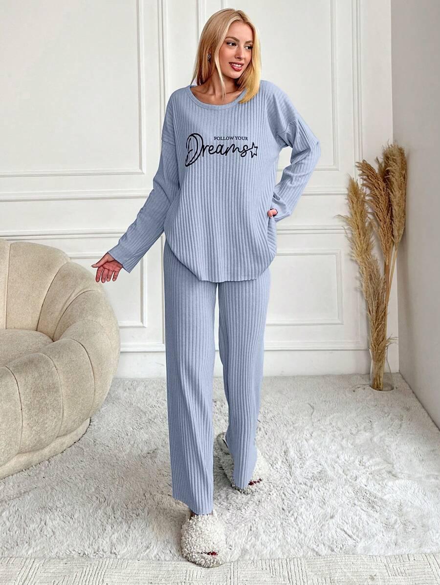 SHEIN NIEBIESKI KOMPLET PIŻAMOWY NAPISY