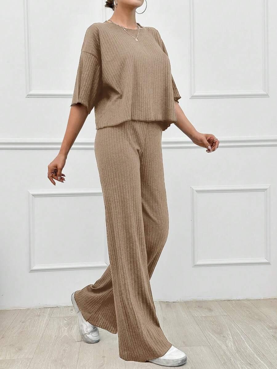 SHEIN BRĄZOWY KOMPLET BLUZKA SPODNIE PRĄŻKI S06__S
