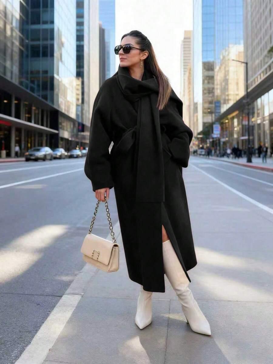 SHEIN CZARNY KLASYCZNY PŁASZCZ W01__L
