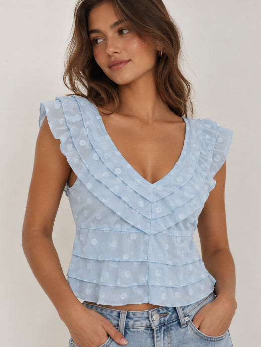 EILLY BAZAR NIEBIESKA BLUZKA V NECK FALBANY PK01__S