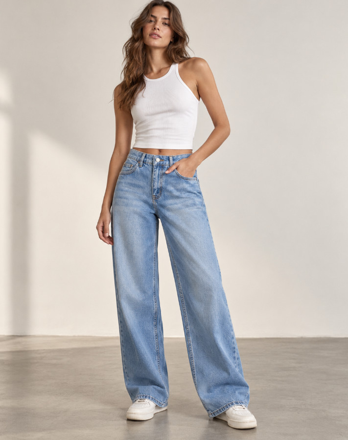 SHEIN NIEBIESKIE SPODNIE JEANS MID WAIST SZEROKA NOGAWKA PK01__S
