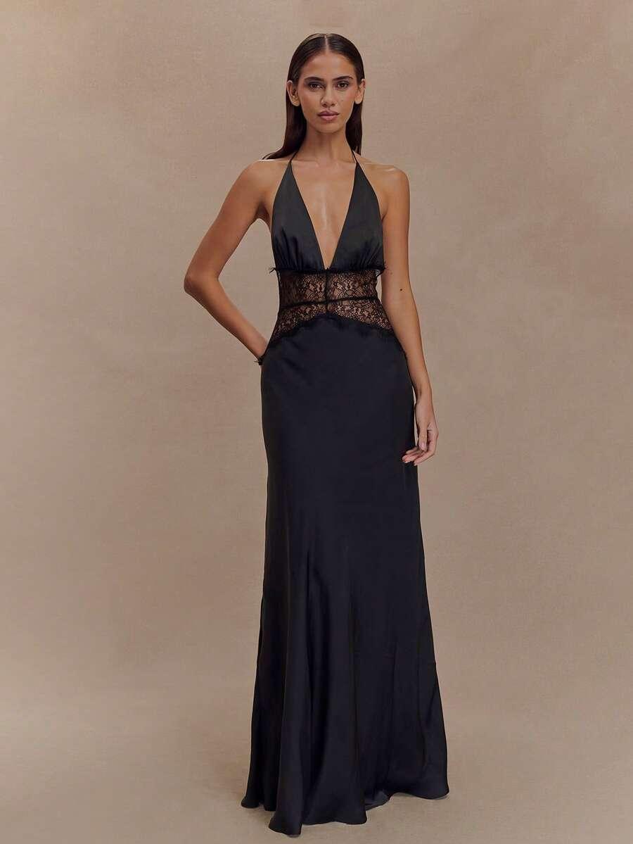 SHEIN CZARNA SATYNOWA MAXI SUKIENKA KORONKA S06__S