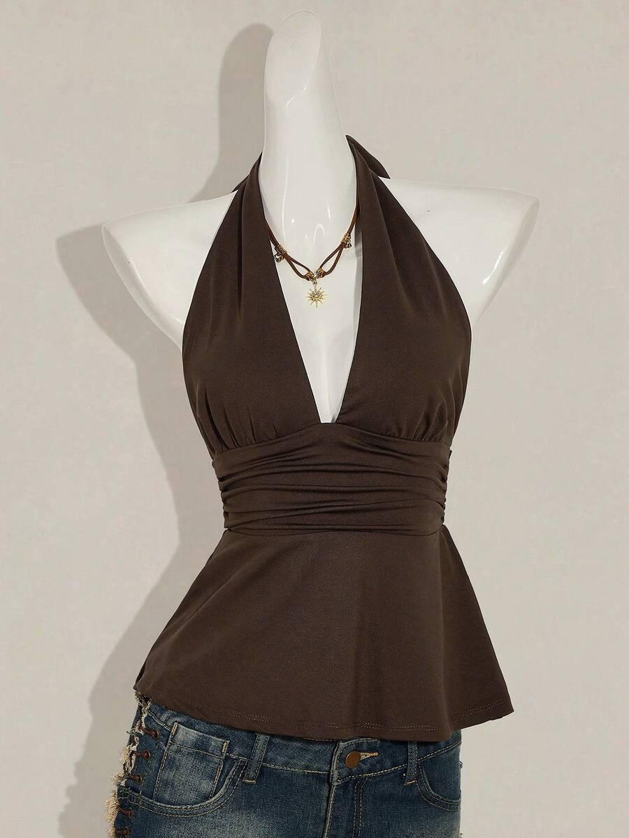 SHEIN BRĄZOWY TOP WIĄZANIE S06__M