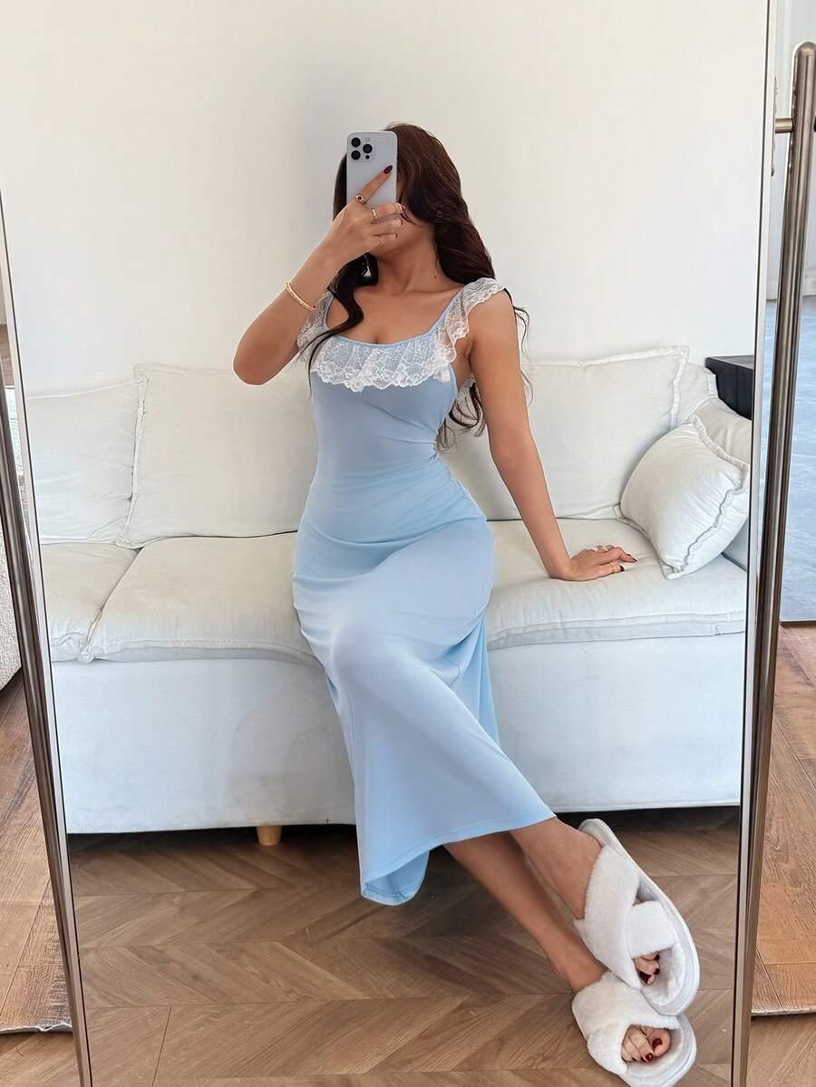 SHEIN NIEBIESKA SUKIENKA NA RAMIĄCZKACH S06__M