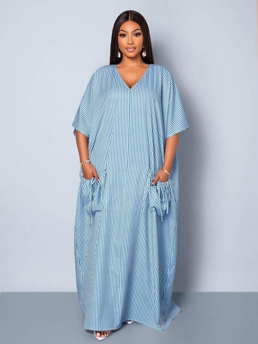 SHEIN MAXI SUKIENKA WZÓR PASKI V-NECK S06__46