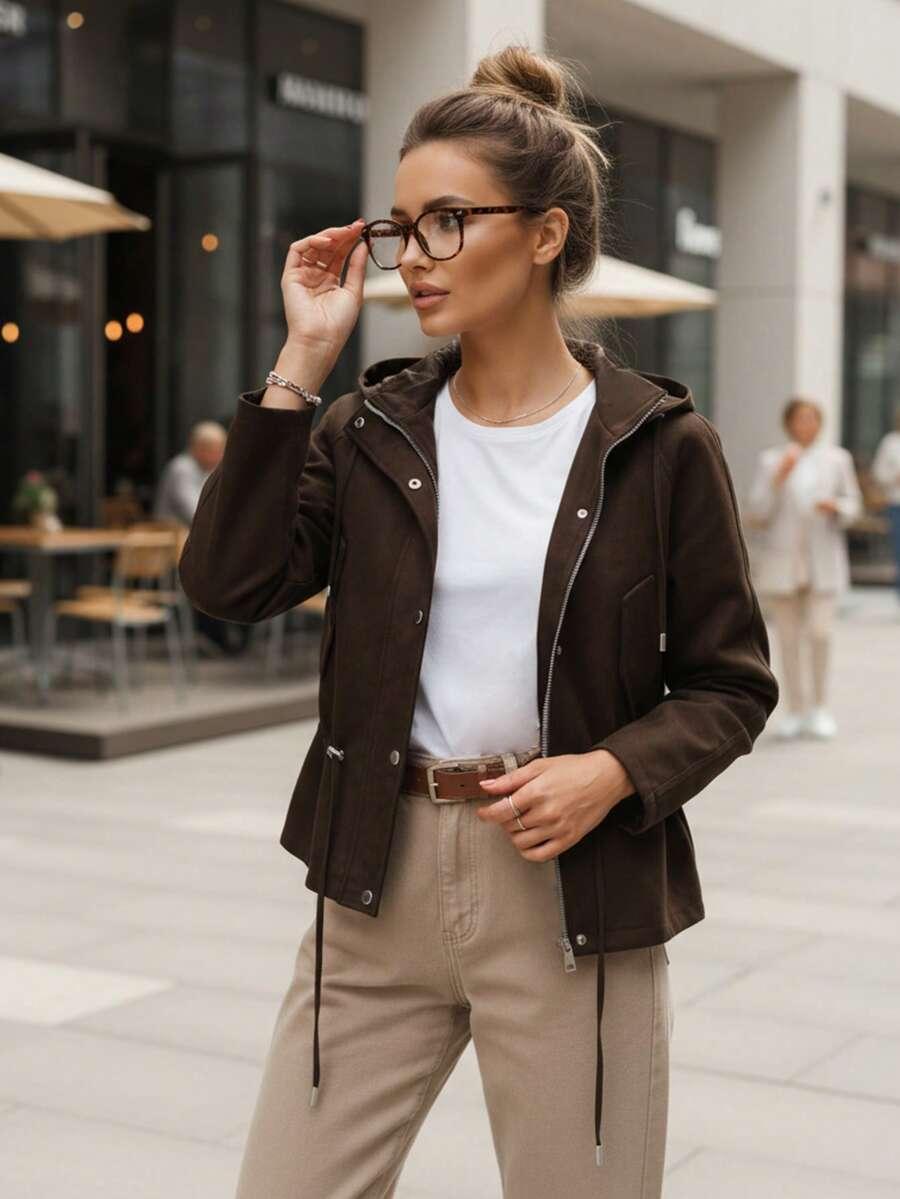 SHEIN BRĄZOWA KURTKA Z KAPTUREM MIŚ W01__L