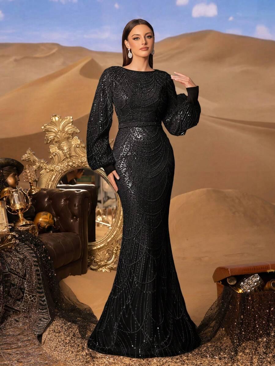 FAERIESTY CZARNA SUKIENKA MAXI CEKINY POŁYSK S09__XL