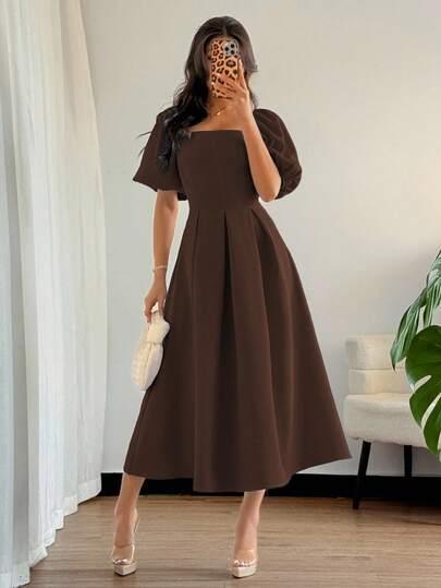 SHEIN BRĄZOWA SUKIENKA BUFIASTE RĘKAWY S06__S