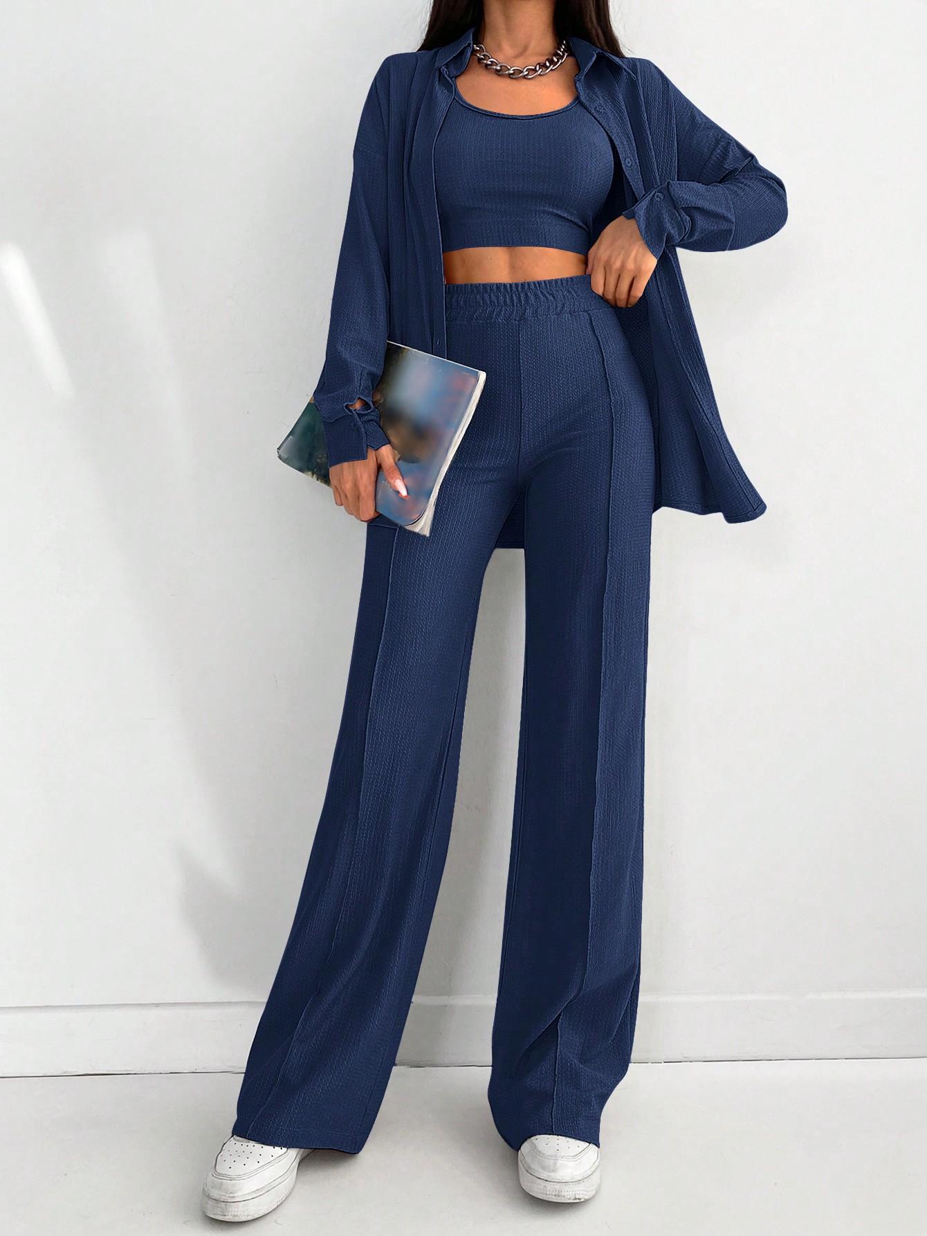 SHEIN GRANATOWY KOMPLET KOSZULA TOP SPODNIE S06__M