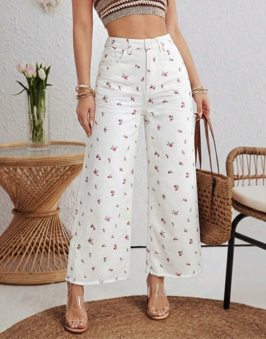 SHEIN BIAŁE SPODNIE JEANS KWIATY S06__W32/XL