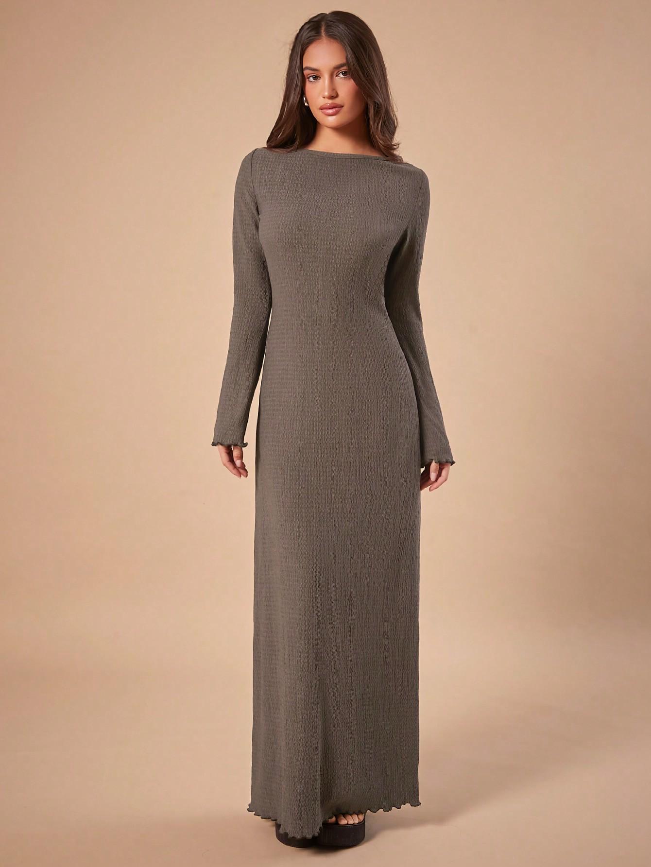 SHEIN BRĄZOWA MAXI SUKIENKA Z DŁUGIM RĘKAWEM S06__M