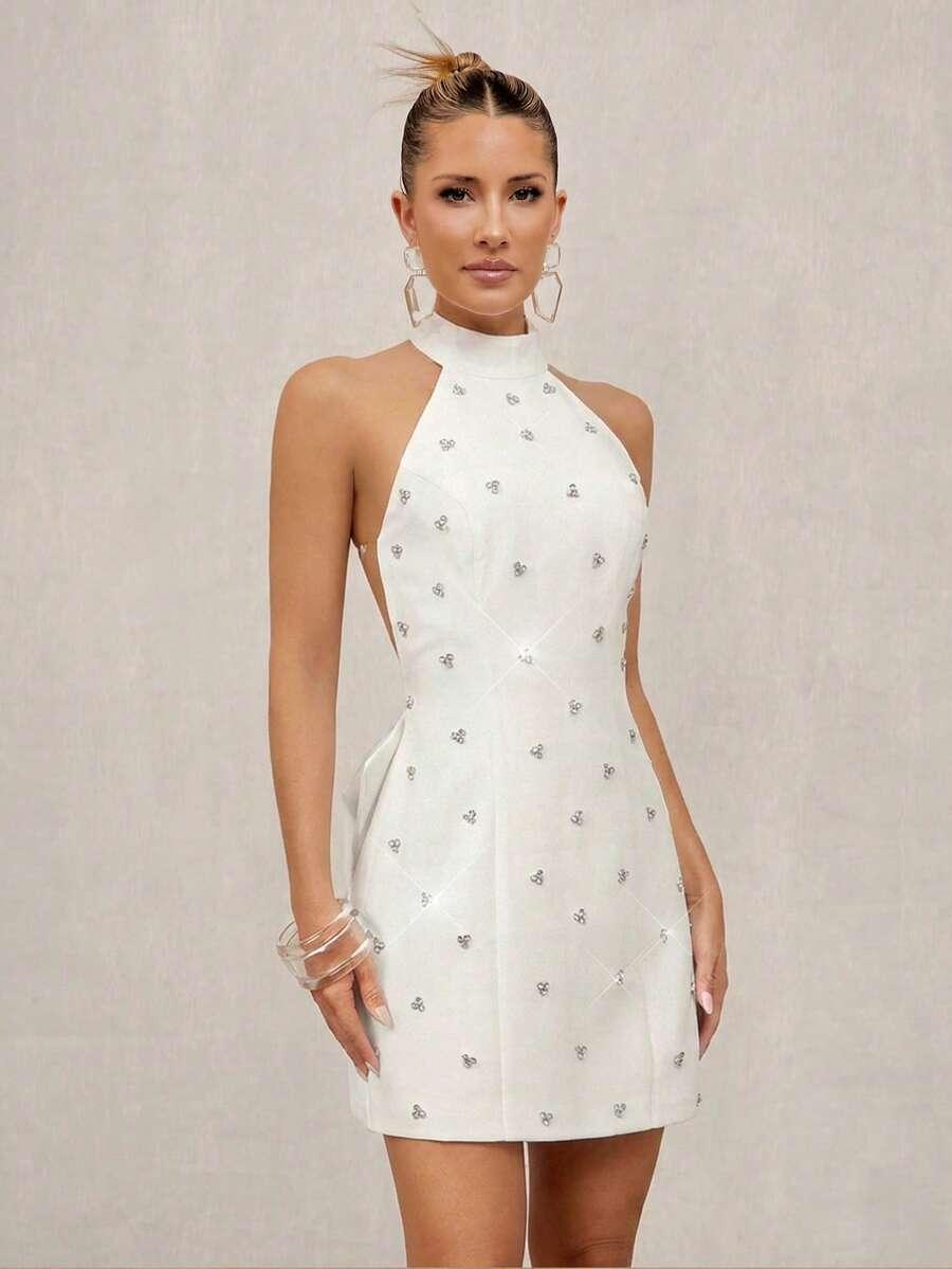 SHEIN MINI SUKIENKA ODKRYTE PLECY ZDOBIENIE KOKARDA S09__L