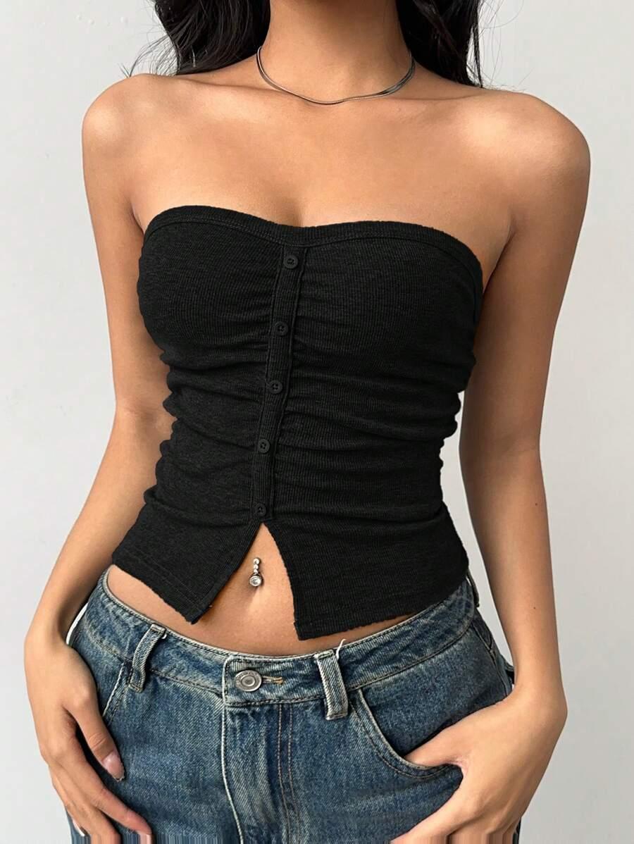 SHEIN CZARNY TOP PRĄŻKI GUZIKI S06__XS
