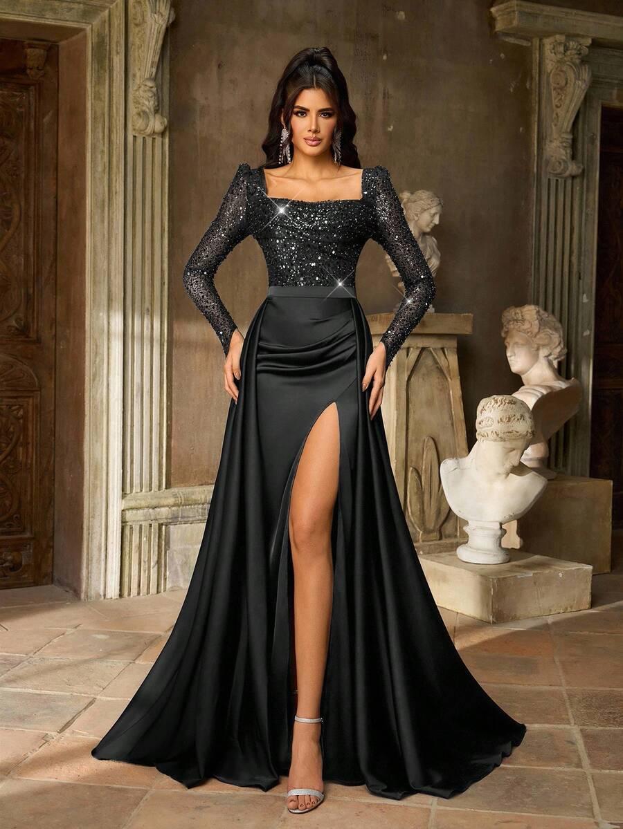 SHEIN CZARNA MAXI SUKIENKA CEKINY DŁUGI RĘKAW S06__XS
