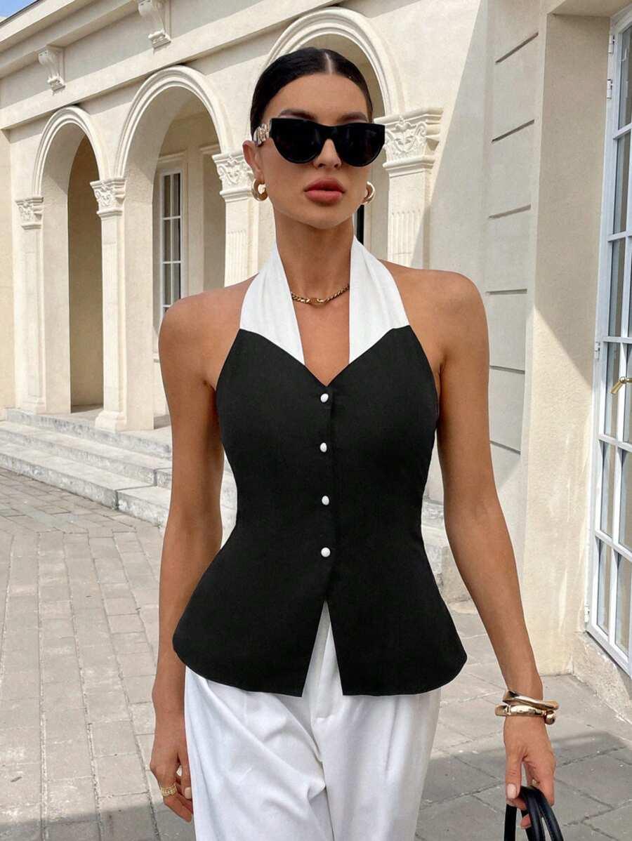 SHEIN CZARNA BLUZKA KONTRAST S06__L