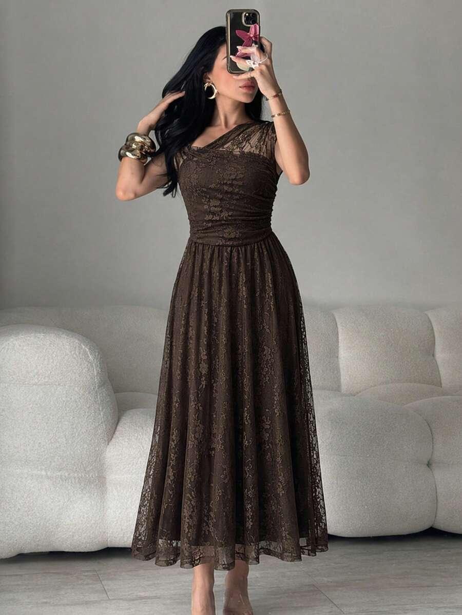 MODELYN BRĄZOWA MAXI SUKIENKA KORONKA S06__M