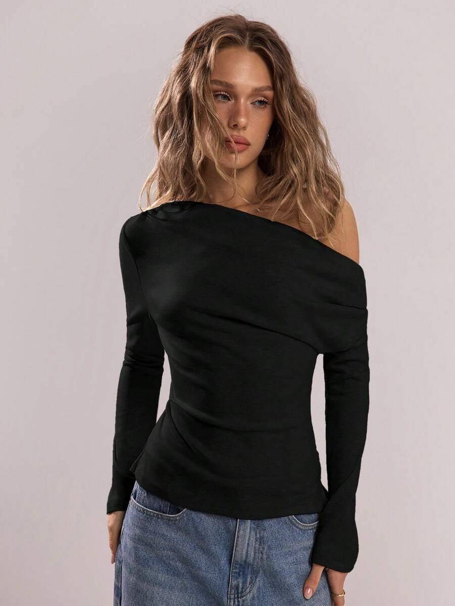 SHEIN CZARNA BLUZKA ASYMETRYCZNY DEKOLT S06__S