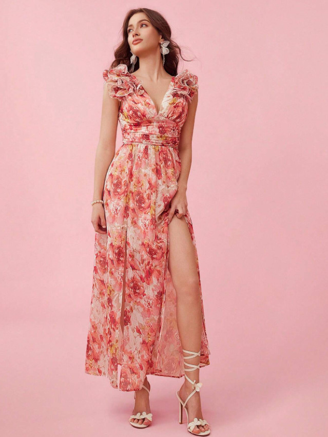 SHEIN MAXI SUKIENKA WZÓR KWIATY FALBANY S06__L