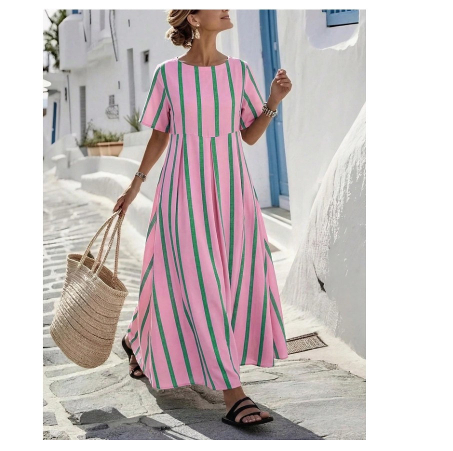 SHEIN MAXI SUKIENKA WZÓR PASKI KRÓTKI RĘKAW S06__48