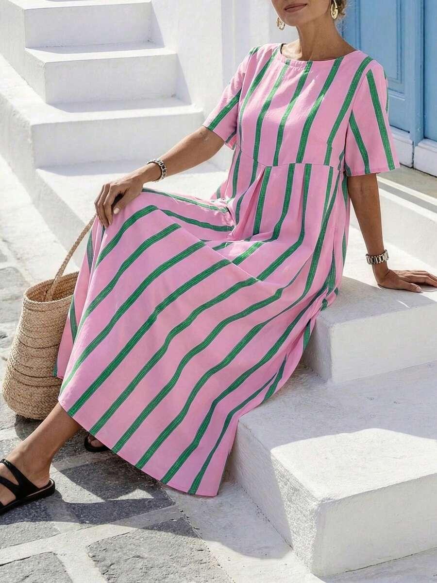 SHEIN MAXI SUKIENKA WZÓR PASKI KRÓTKI RĘKAW S06__48