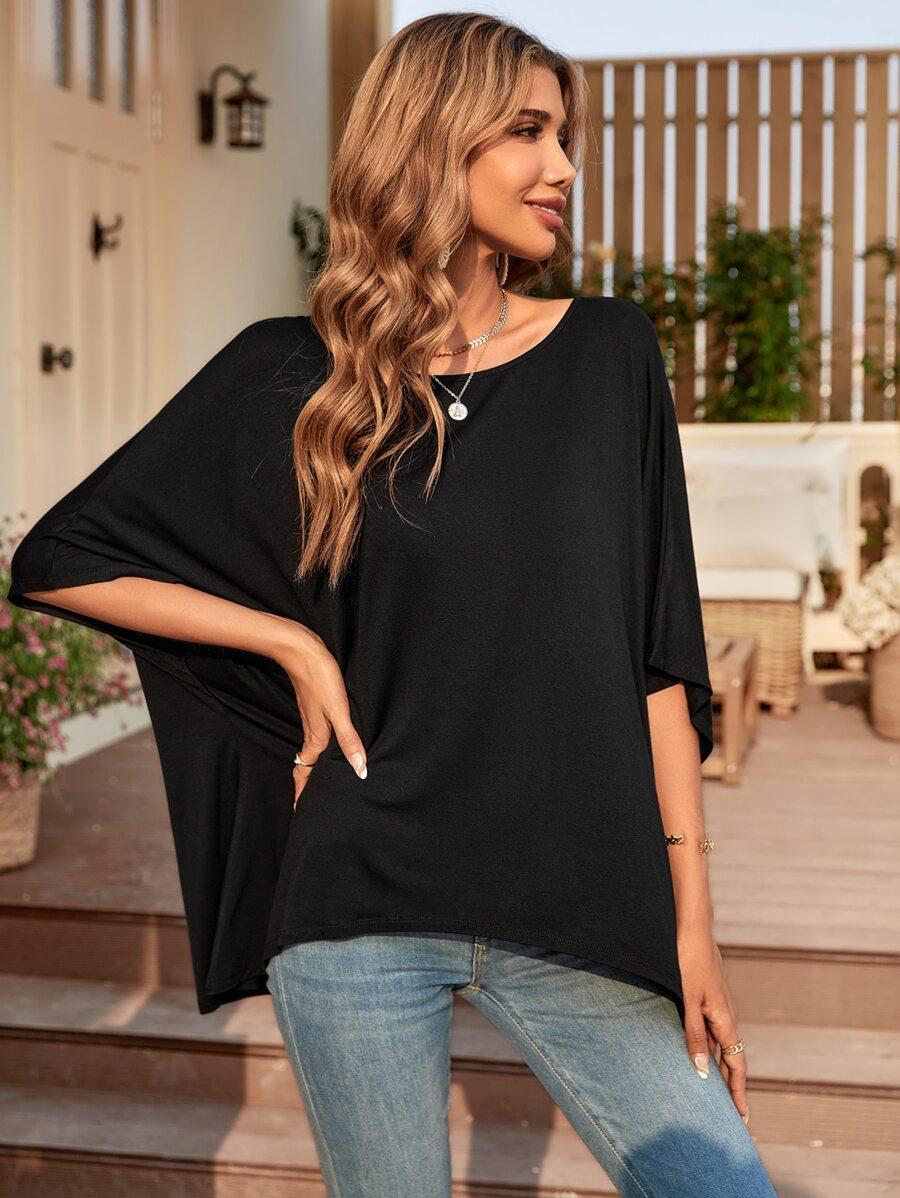 SHEIN CZARNA LUŹNA BLUZKA Z OKRĄGŁYM DEKOLTEM S06__M