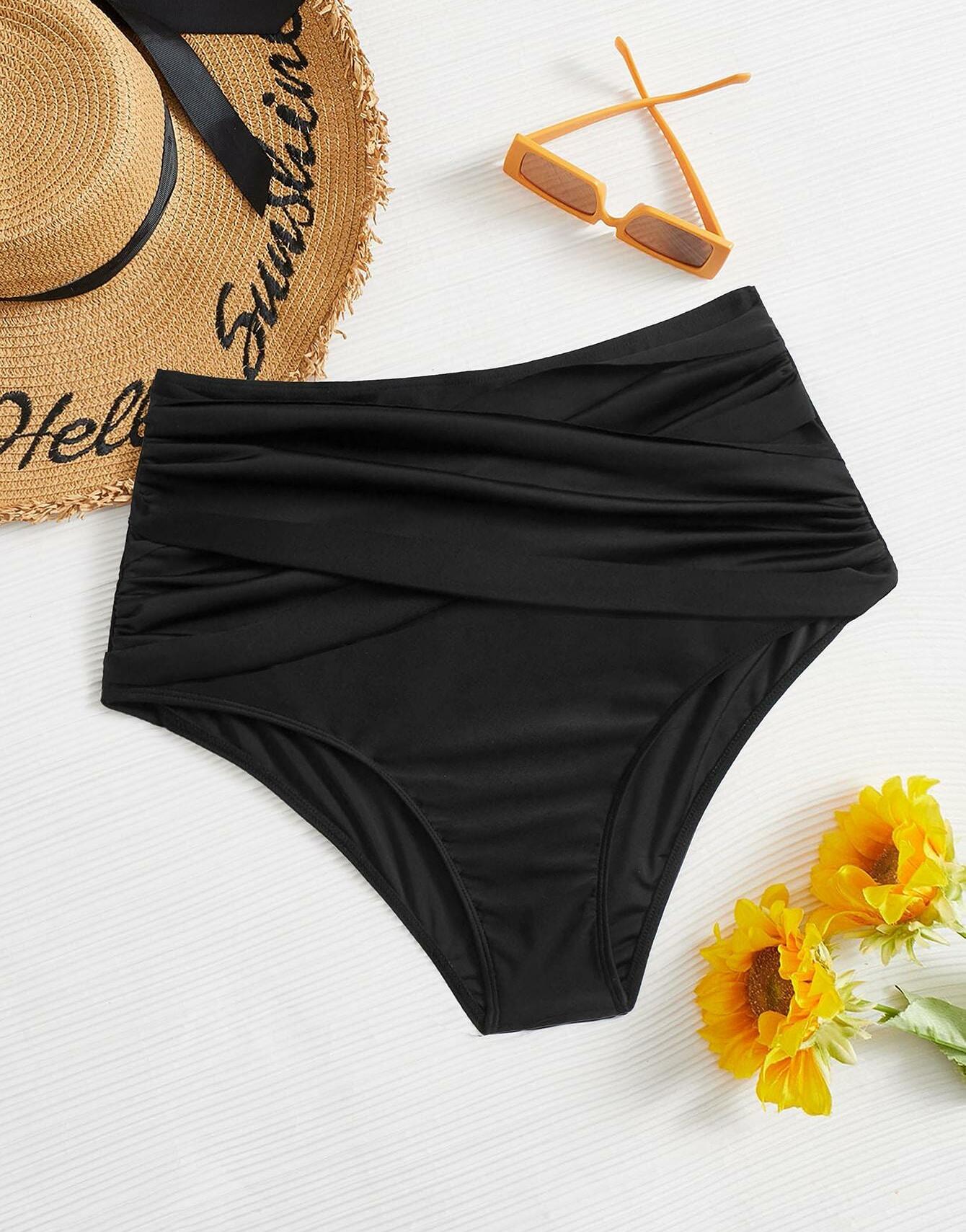 SHEIN CZARNY DÓŁ OD BIKINI MARSZCZENIA WYSOKI STAN S09__48