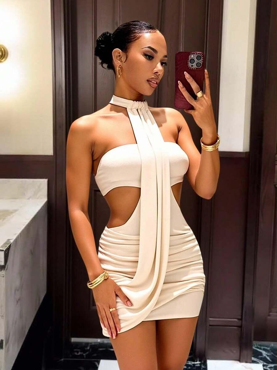 SLAYDIVA KREMOWA MINI SUKIENKA WIĄZANIE NA SZYI S06__S