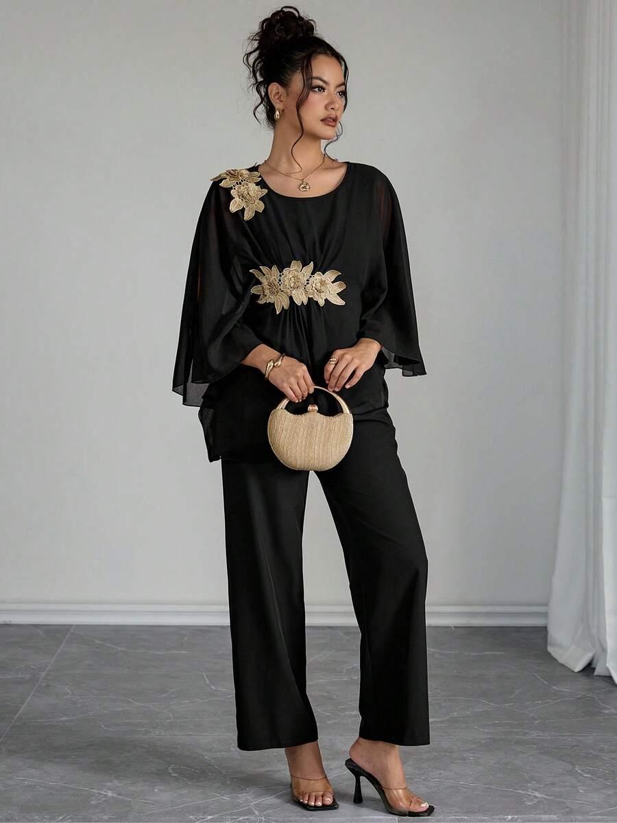 SHEIN CZARNY KOMPLET SPODNIE BLUZKA S06__M