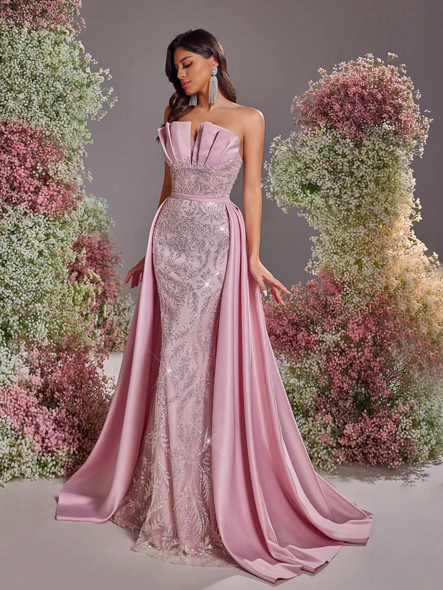 SHEIN RÓŻOWA MAXI SUKIENKA ZDOBIENIE S06__S