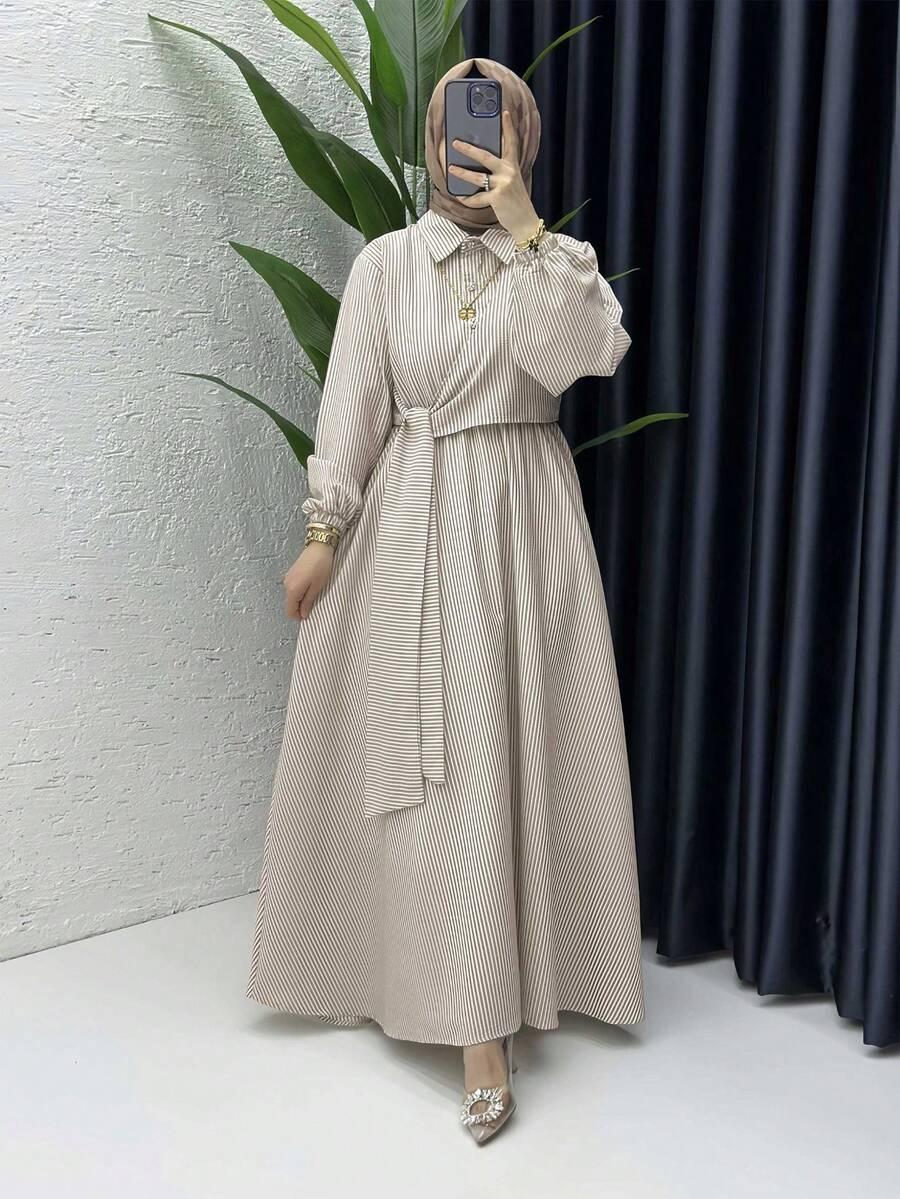 SHEIN BEŻOWA SUKIENKA W PASKI S06__M