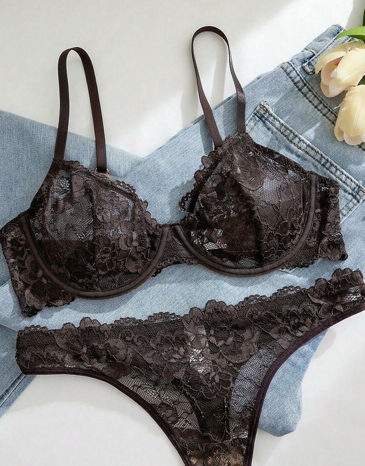 SHEIN BRĄZOWY BIUSTONOSZ KORONKA S09__L