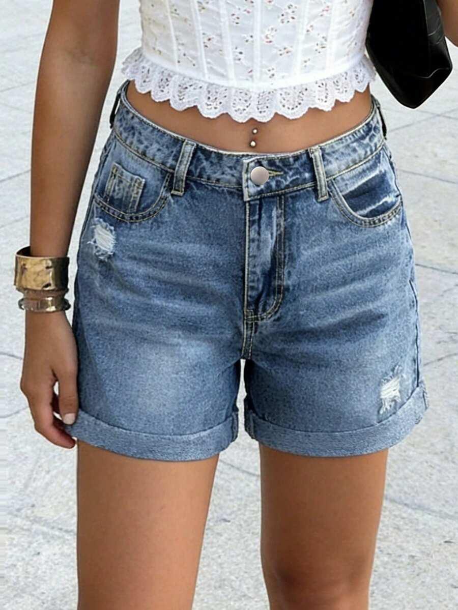 SHEIN NIEBIESKIE SPODENKI JEANS PRZETARCIA PK01__L