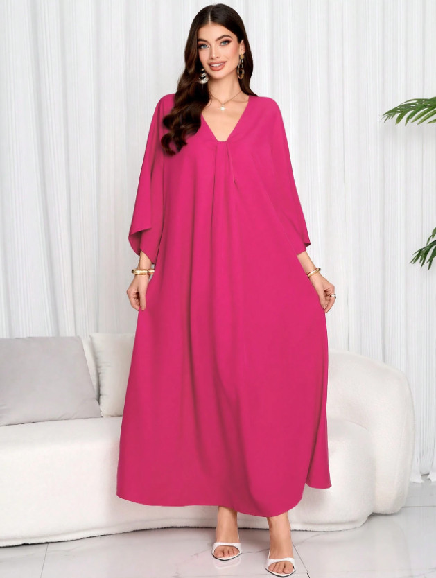 RÓŻOWA MAXI SUKIENKA V-NECK S09__OS