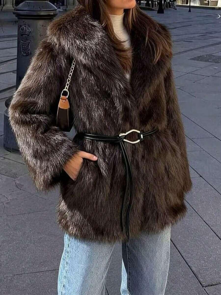 SHEIN BRĄZOWE SZTUCZNE FUTRO W01__M