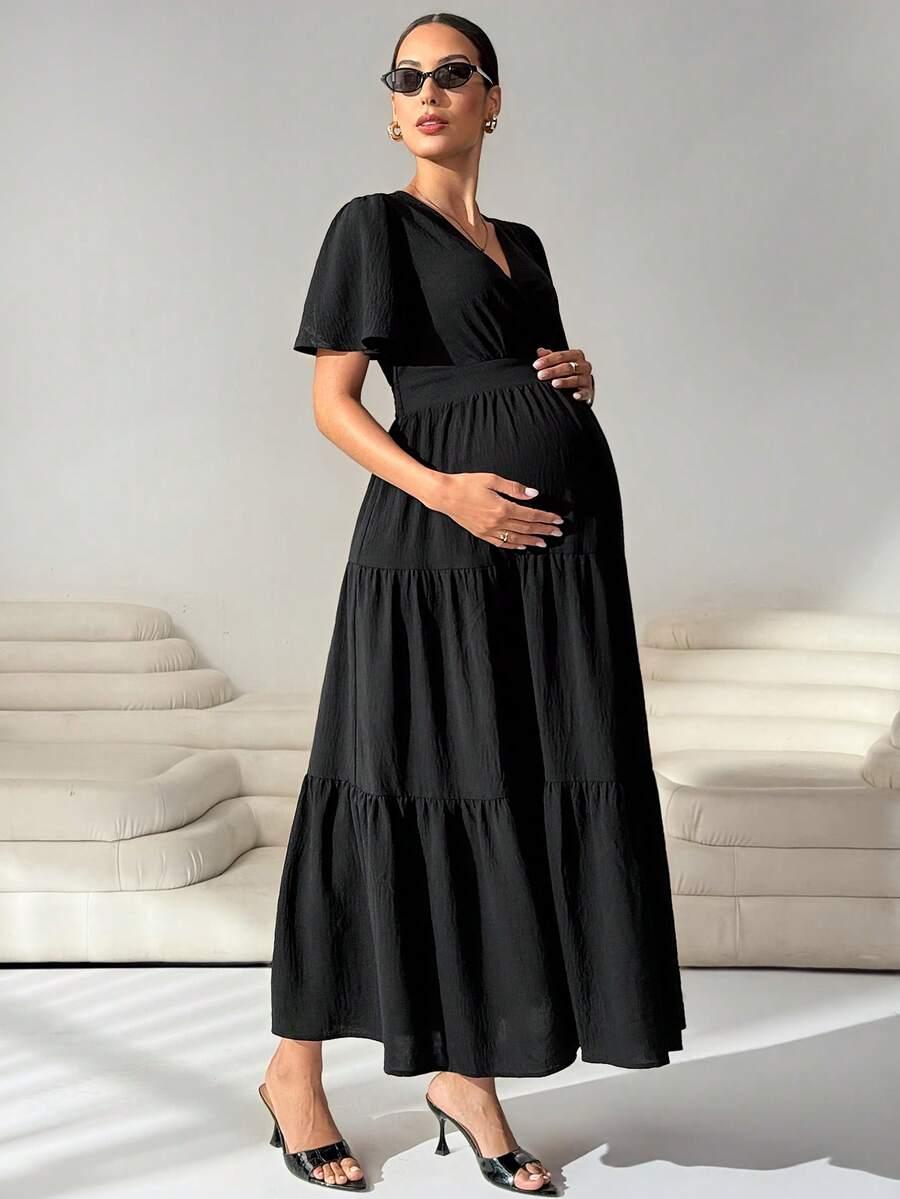 SHEIN CIĄŻOWA MIDI SUKIENKA V-NECK S06__M