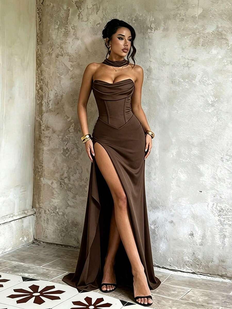 SHEIN BRĄZOWA MAXI SUKIENKA S06__M