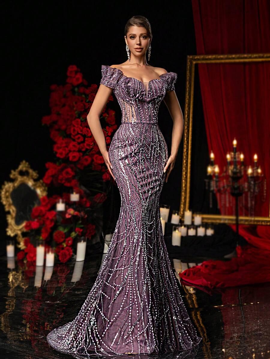 GLAMRAE FIOLETOWA MAXI SUKIENKA ZDOBIENIE S06__L