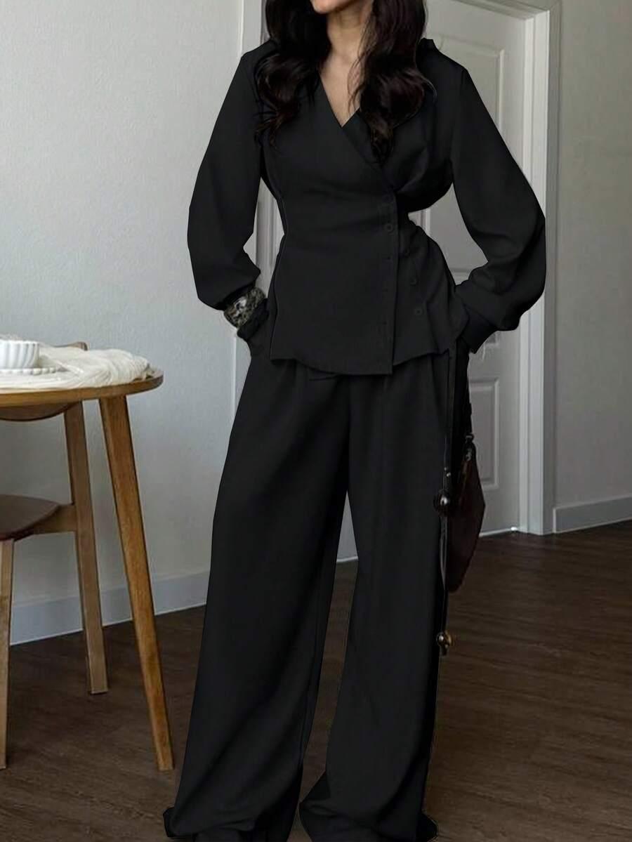 SHEIN CZARNY KOMPLET SPODNIE BLUZKA S06__S