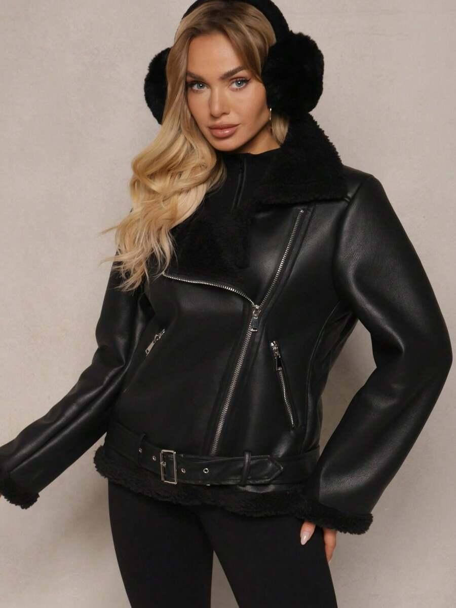 SHEIN CZARNY SZTUCZNY KOŻUCH W01__S