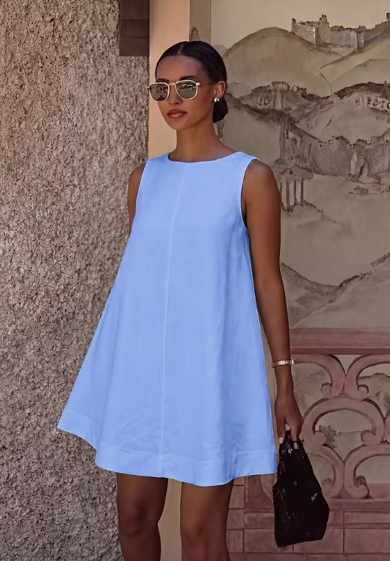 SHEIN TRAPEZOWA NIEBIESKA MINI SUKIENKA BEZ RĘKAWÓW Z DOMIESZKĄ LNU S06__M