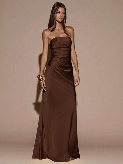 SHEIN BRĄZOWA MAXI SUKIENKA S06__XS