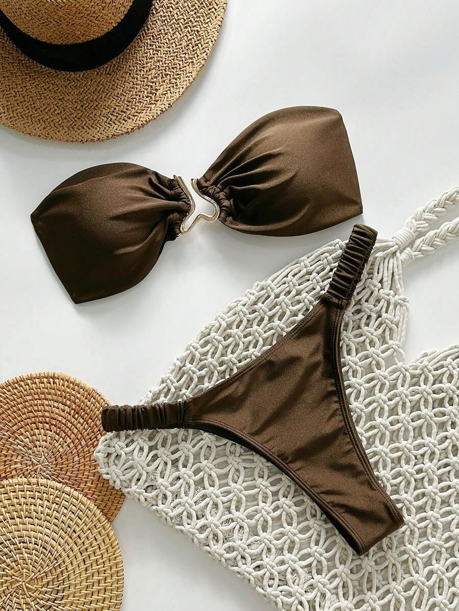 SHEIN BRĄZOWY DWUCZĘŚCIOWY STRÓJ KĄPIELOWY S09__L