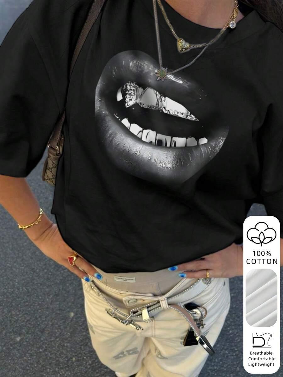 SHEIN CZARNY T-SHIRT NADRUK S06__XS