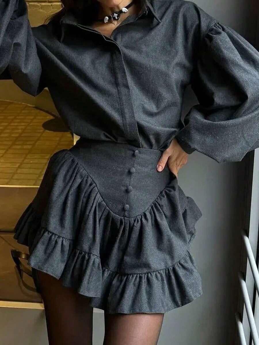 SHEIN SZARY KOMPLET KOSZULA SPÓDNICA S06__XS