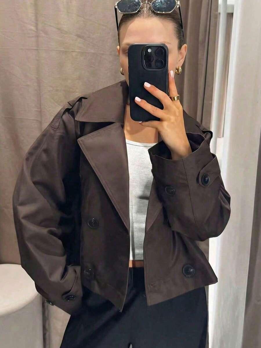 SHEIN BRĄZOWY KRÓTKI PŁASZCZ S06__XS
